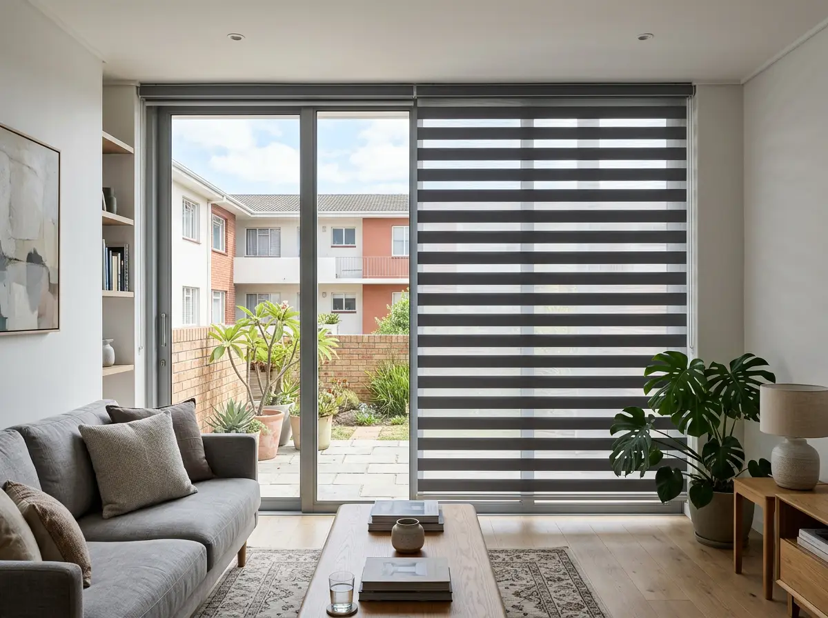 Day-night banded blind half aligned across a sliding door in a Lower Claremont apartment living room