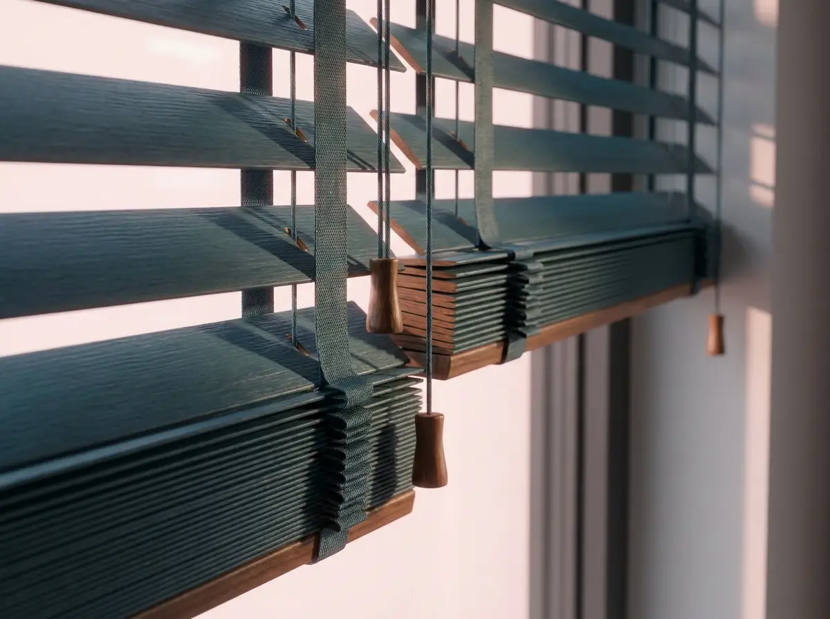 Close-up detail of timber venetian blind slats, tilt wand and pull cords in a Claremont home