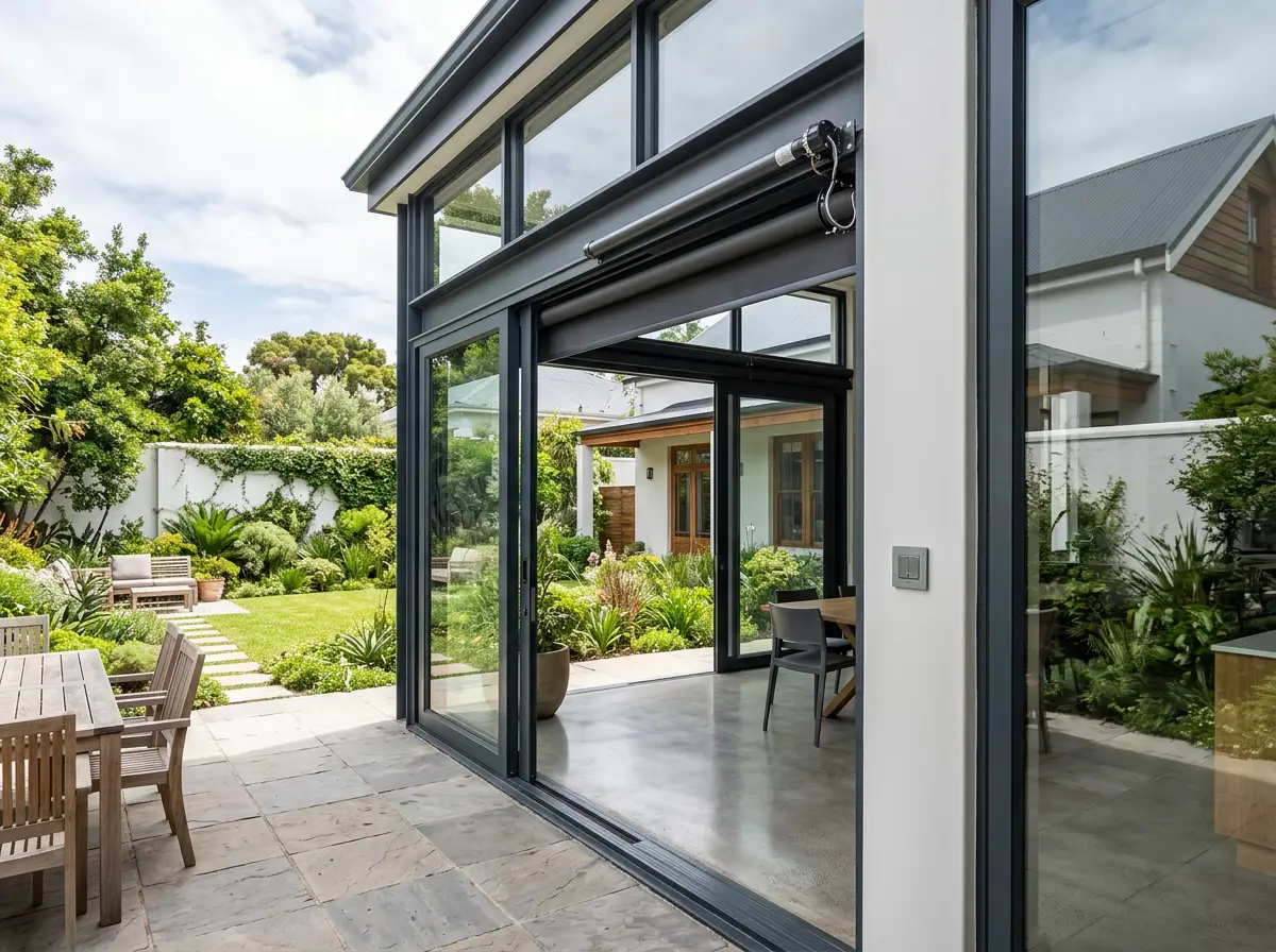 Motorised blockout roller blind with its tubular motor and wall switch visible in a renovated glazed extension in Claremont