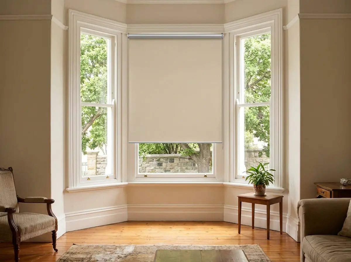 Sunscreen roller blind lowered halfway in a Victorian bay window in Upper Claremont, street trees showing through the weave