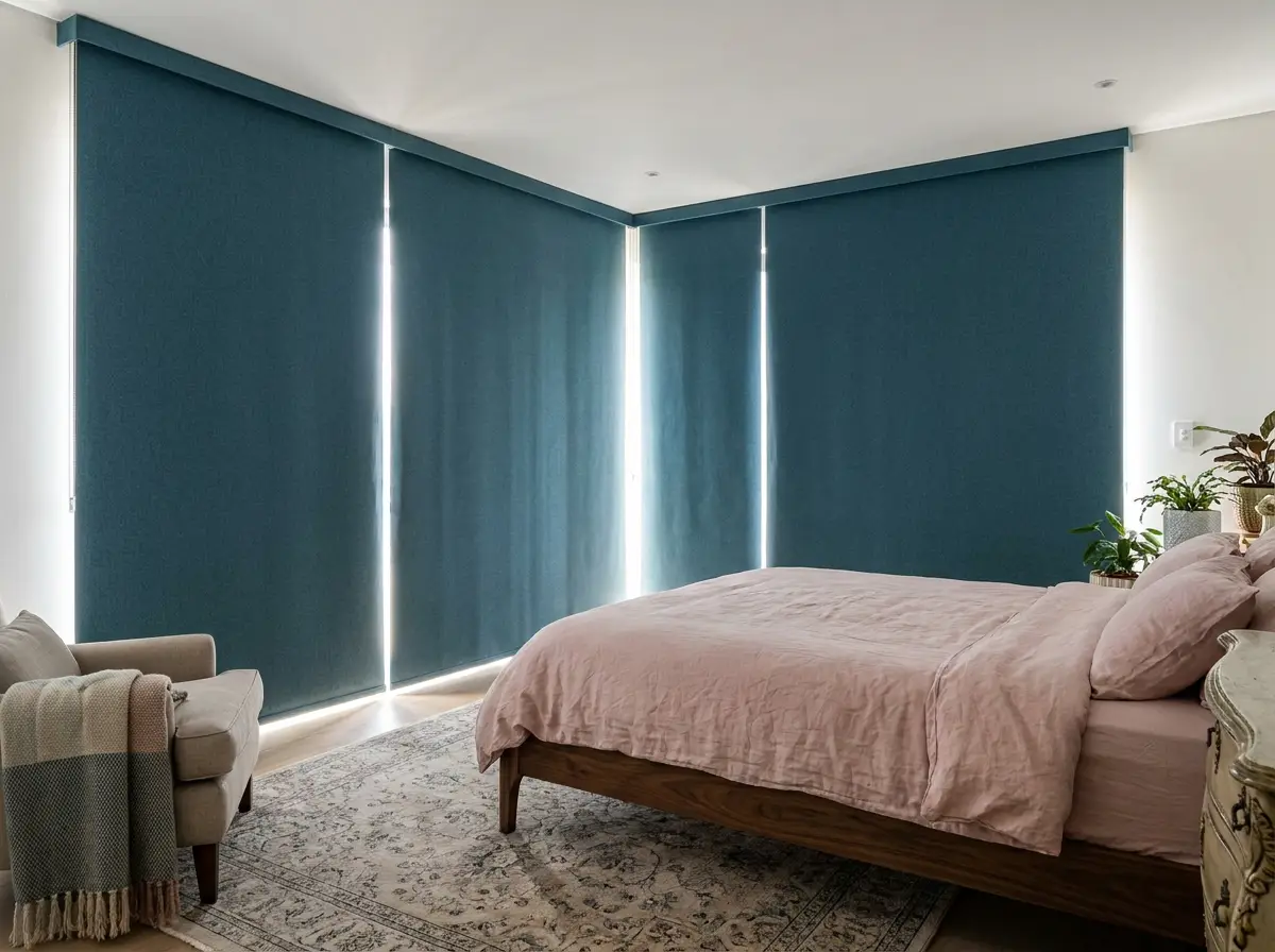 Blockout roller blinds lowered on a corner window in a Claremont bedroom