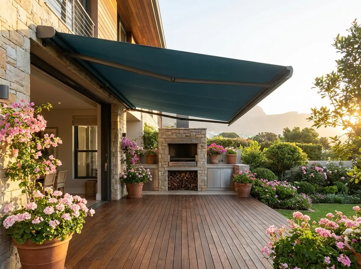 Folding-arm awning shading a stone patio and braai area in a Claremont back garden