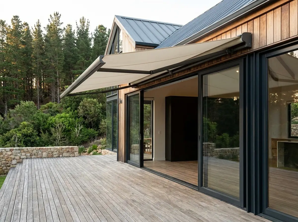 Folding-arm awning shading a wooden deck on a forest-edge Tokai property bordering pine plantation, Cape Town