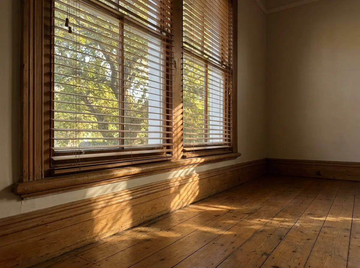 Wide timber venetian slats tilted half open across a Victorian sash window in Upper Claremont, seen close enough to read the grain